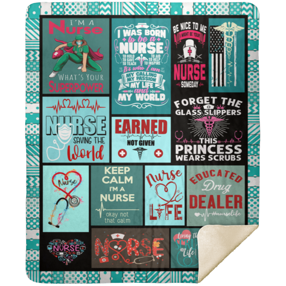 Colorful Nurse Life Elements And Nursing Quotes Fleece Blanket, Premium Sherpa Blanket, Nurse Life Blanket, Nursing BlanketMSHM Premium Sherpa Blanket 50x60