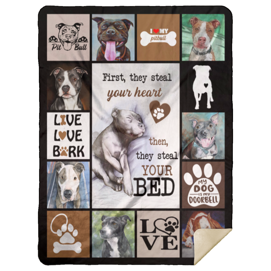First They Steal Your Heart Pitbull Dog Fleece Blanket, Premium Sherpa Blanket, Dog Lover Blanket, Pitbull Dog Quilt, Pet Blanket MSHL Premium Sherpa Blanket 60x80
