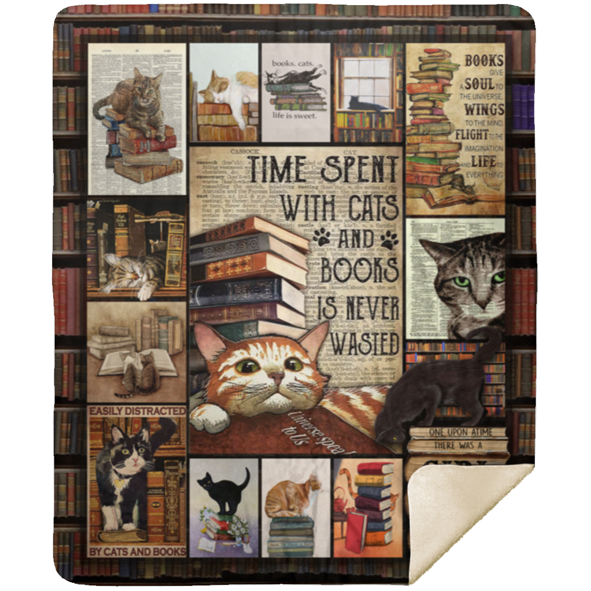 Cats And Books Fleece Blanket, Premium Sherpa Blanket, Book Blanket, Book Lover Gift, Reading Blanket, Book Reading Blanket MSHM Premium Sherpa Blanket 50x60