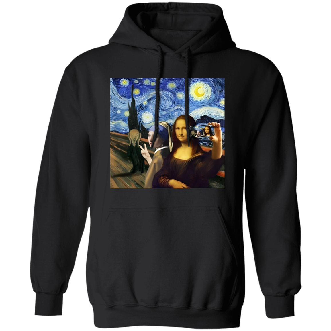 Mona Lisa Scream And Selfie Starry Night Van Gogh Gildan Pullover Hoodie