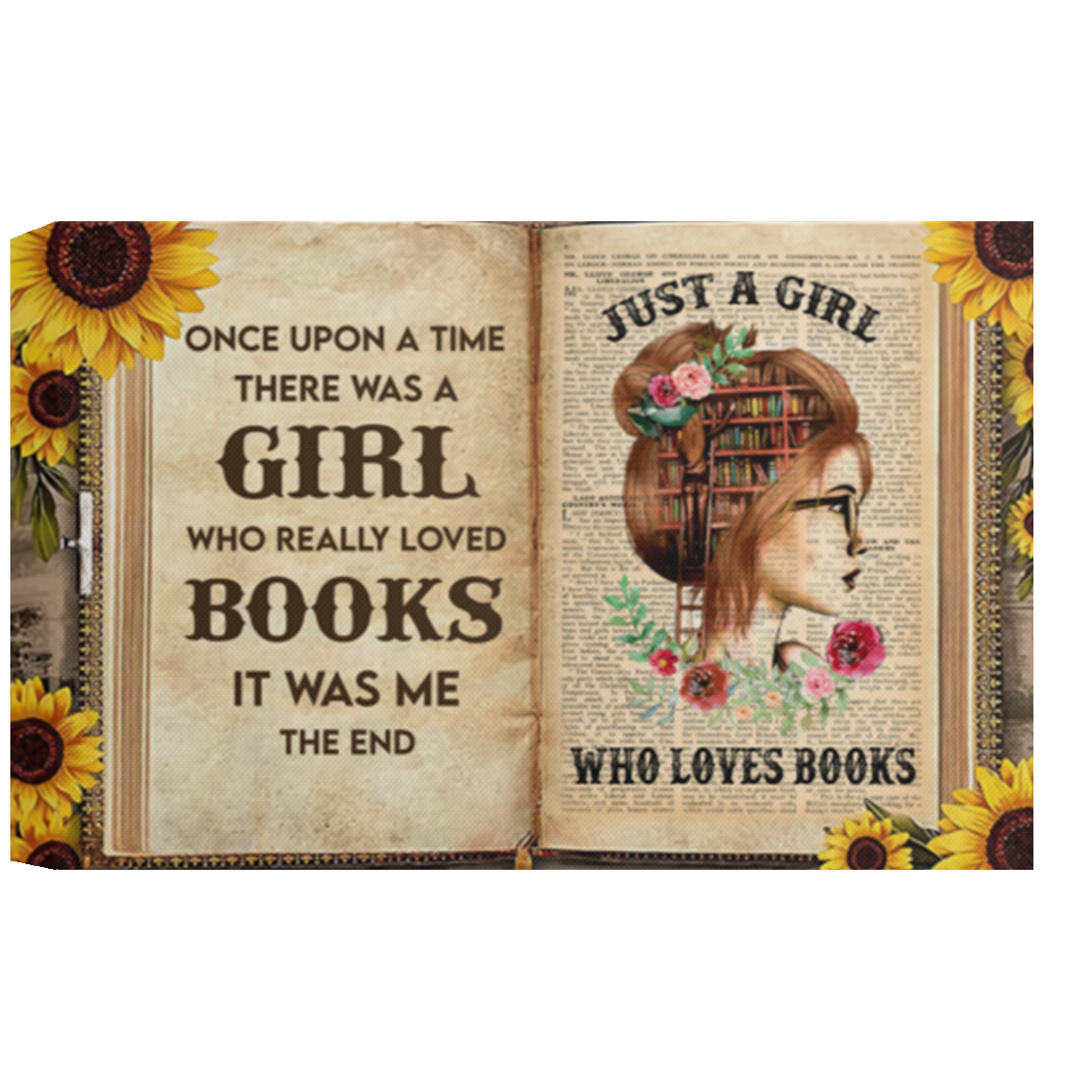 Once Upon A Time There Was A Girl Who Really Loved Books Framed Canvas, Unframed Poster, Sunflower Book Page Theme, Book Lovers Gift CANLA15 Deluxe Landscape Canvas 1.5in Frame