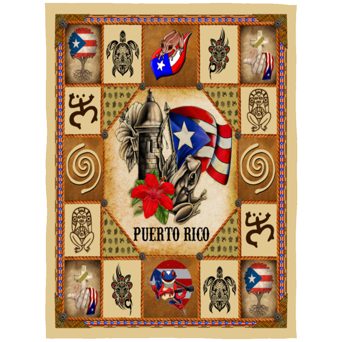 Puerto Rico Taino Symbols Fleece Blanket, Premium Sherpa Blanket, Puerto Rico Blanket, Puerto Rico Quilt, Puerto Rican Blanket FLL Arctic Fleece Blanket 60x80