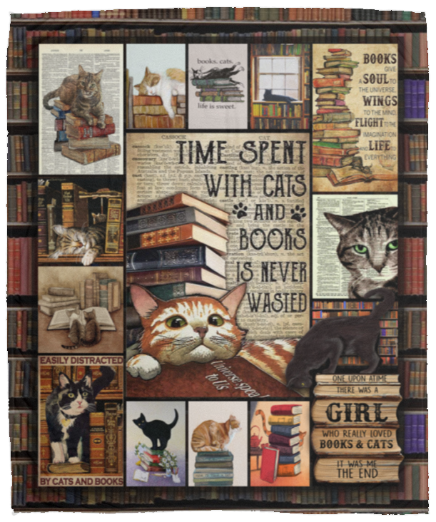 Cats And Books Fleece Blanket, Premium Sherpa Blanket, Book Blanket, Book Lover Gift, Reading Blanket, Book Reading Blanket VPM Cozy Plush Fleece Blanket - 50x60