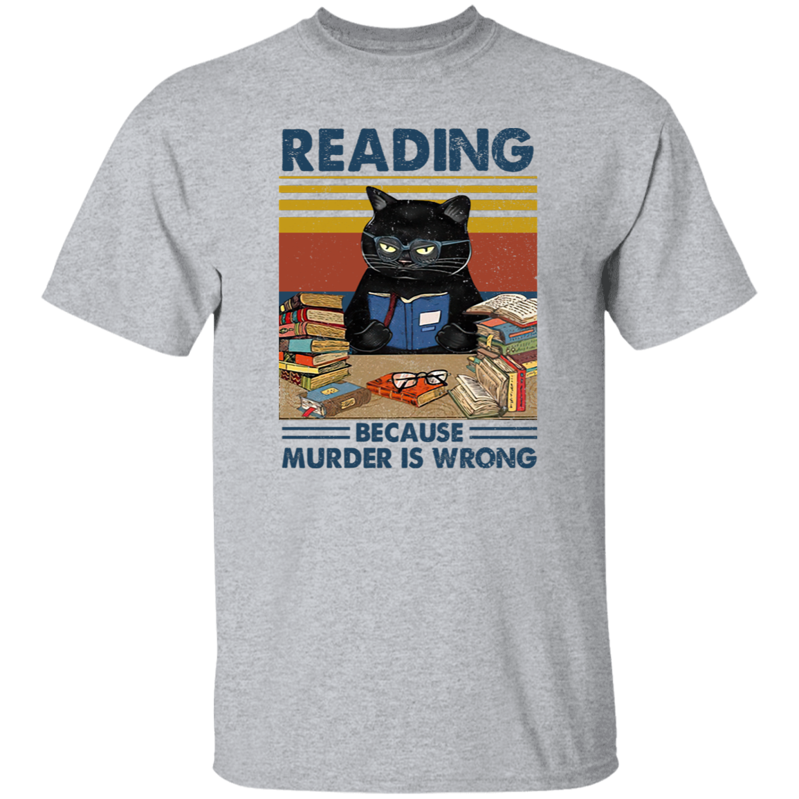 Reading Because Murder Is Wrong Teach T-Shirt, Funny Cat Book Shirt, Librarians T-Shirt, Book Club Gift, Retro Cat Lover Shirt, Bookworm