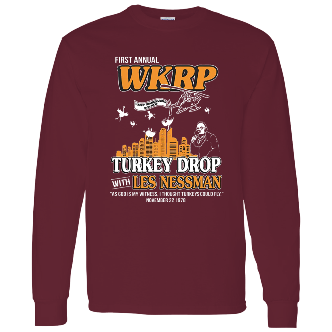 First Annual WKRP Turkey Drop Les Nessman Vintage T-Shirt, Thanksgiving Shirt, Turkey Shirt, Turkey Drop Shirt, Turkey Meme Shirt G540 LS T-Shirt 5.3 oz.