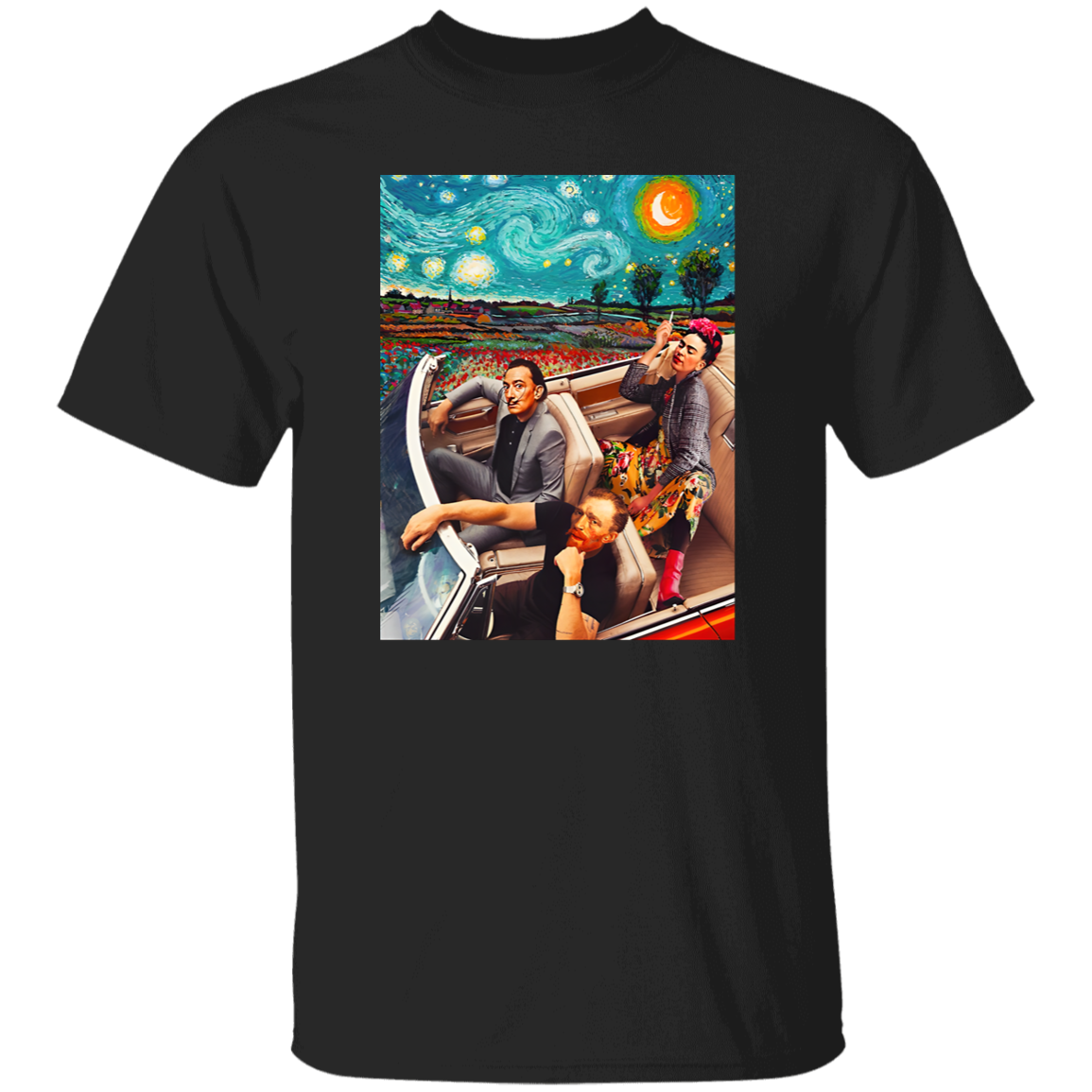 Salvador Dali And Vincent Van Gogh And Frida Kahlo In Car Starry Night Vintage T-Shirt