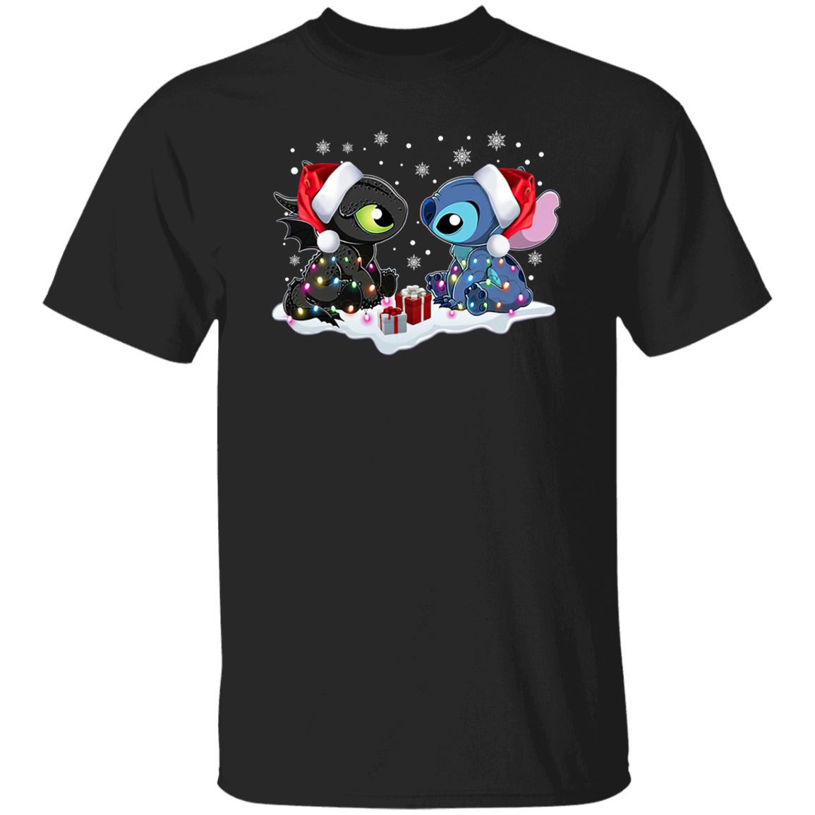 Stitch And Toothless Santa Christmas With Xmas Lights Unisex Sweatshirt Vintage T-Shirt