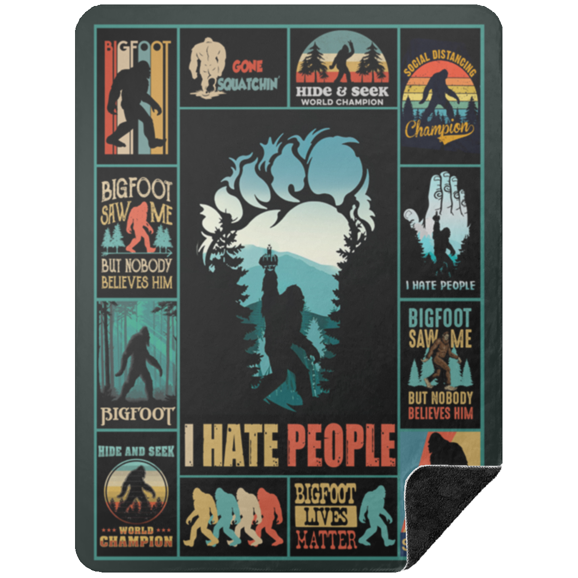 I Hate People Bigfoot With Middle Finger Fleece Blanket, Premium Sherpa Blanket, Hiking Blanket, Bigfoot Blanket, Sasquatch Lovers Blanket BSHL Premium Black Sherpa Blanket 60x80