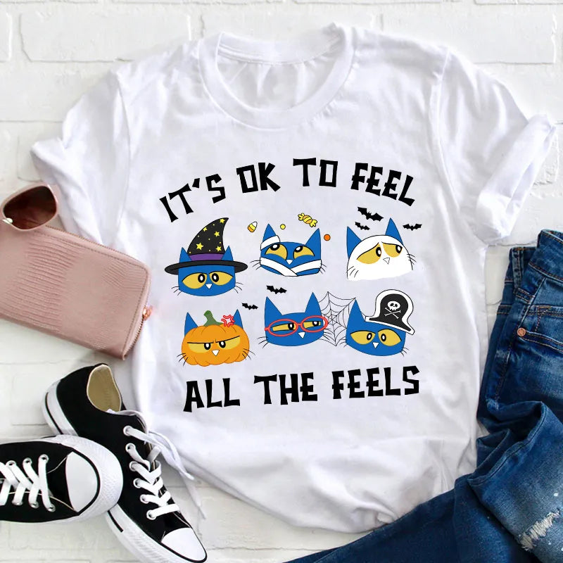 It's OK To Feel All The Feels Halloween Cat Graphic Tee
