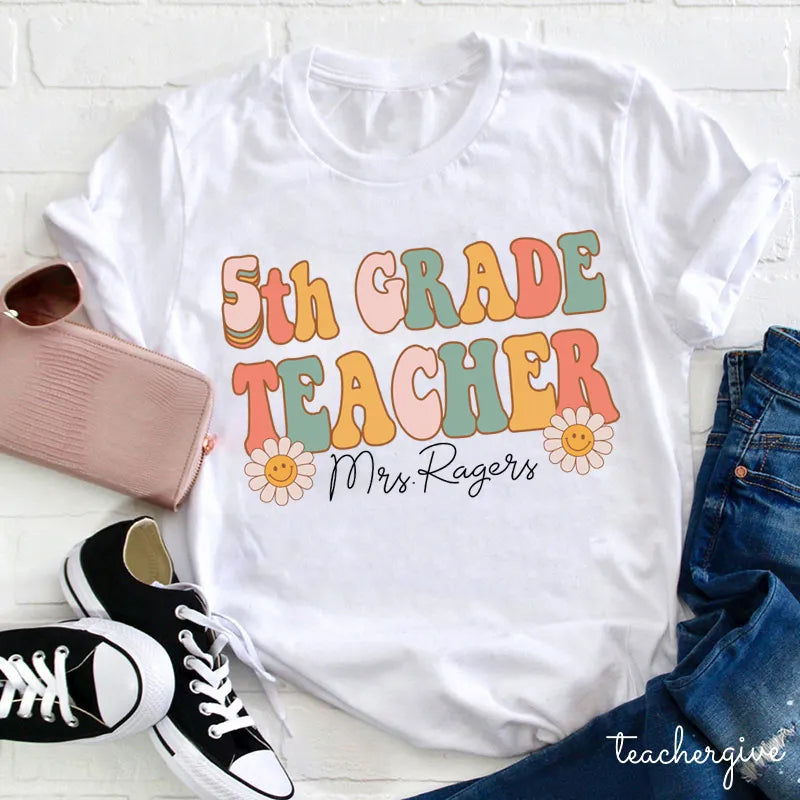 5th Grade Teacher Personalized T-Shirt with Retro Flowers - Custom Mrs. Rogers Tee