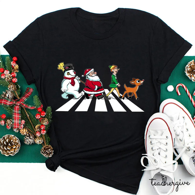 Christmas Holiday Characters Crossing Abbey Road T-Shirt | Festive Holiday Tee
