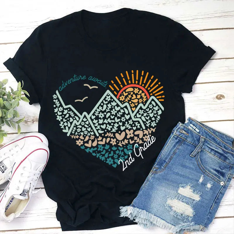 Adventure Awaits 2nd Grade T-Shirt - Floral Mountain Sun Graphic Tee