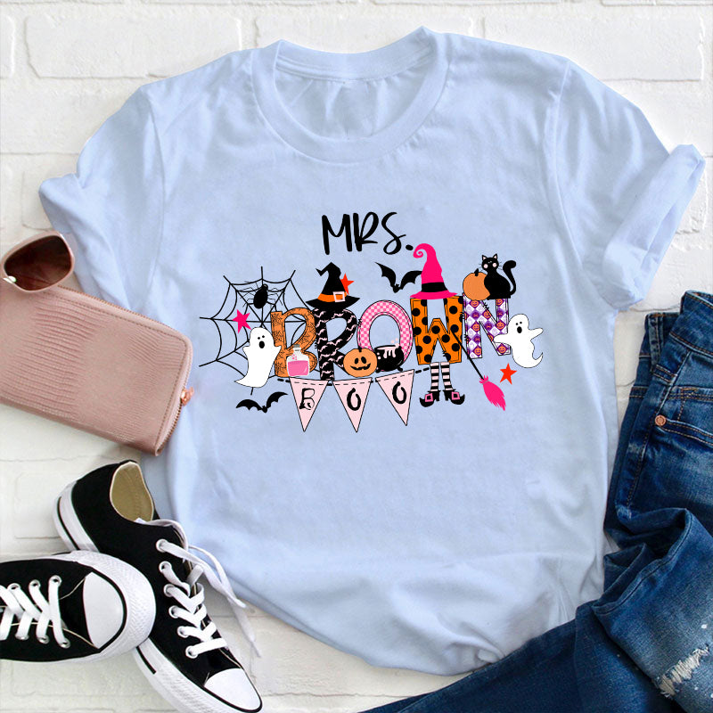 Mrs. Brown Boo Halloween T-Shirt Cute Witch Cat Pumpkin Design