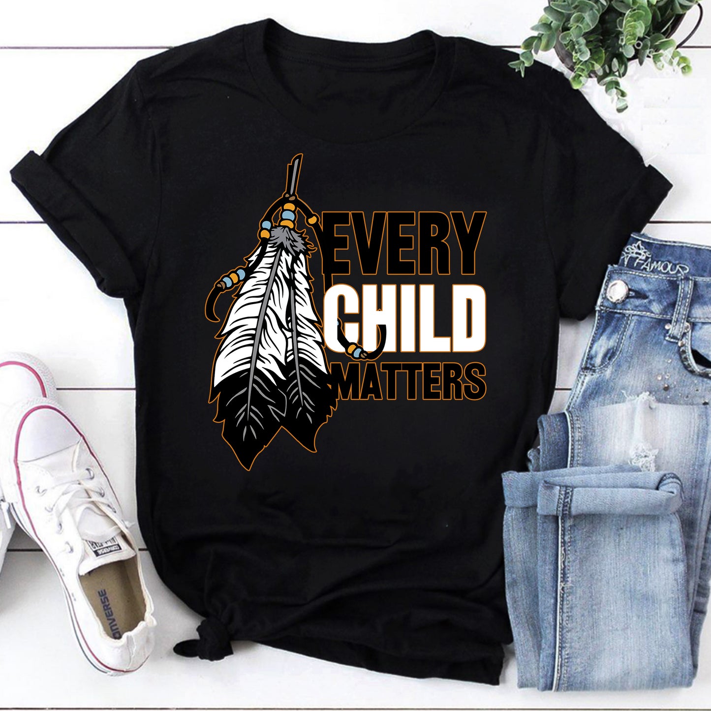 Every Child Matters Feather Graphic Tee - Indigenous Awareness Shirt