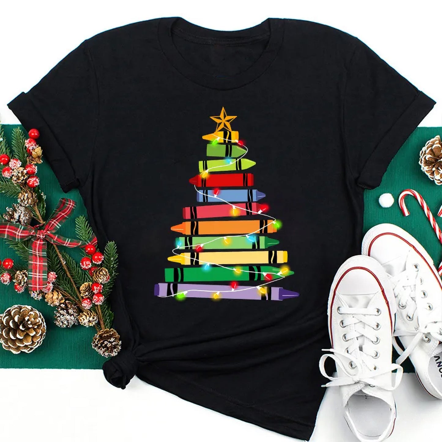 Christmas Tree Crayon Tee with Festive Lights - Holiday Art Lover Shirt