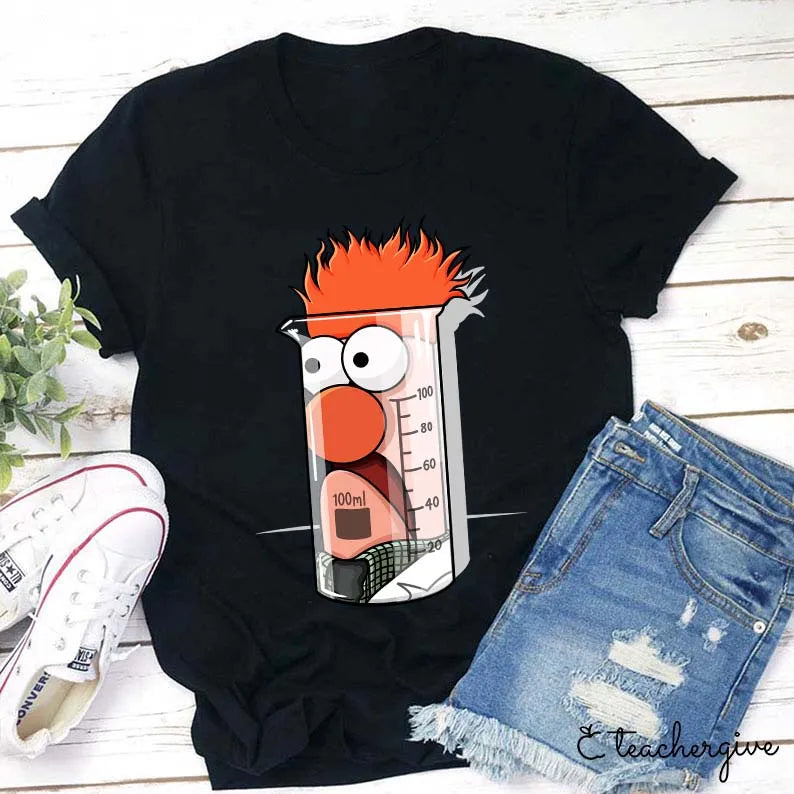 Funny Beaker Lab Shirt with Cartoon Face and Orange Hair Science Tee