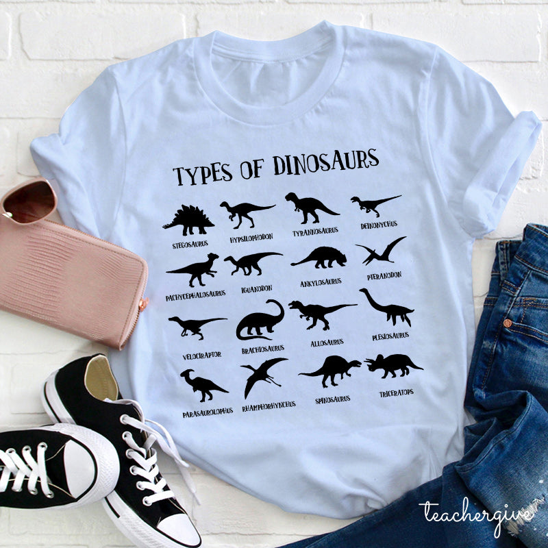 Types of Dinosaurs T-Shirt - Fun Dinosaur Silhouettes Tee for Kids & Adults
