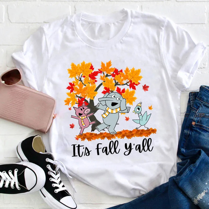 Cute It's Fall Y'all Shirt with Playful Elephant, Pig, and Bird Autumn Design