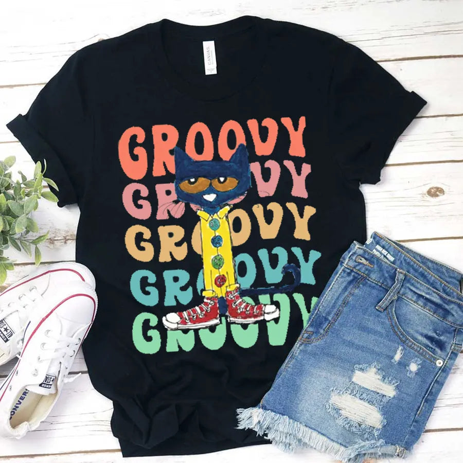 Groovy Cat Retro Vibes T-Shirt with Colorful Print