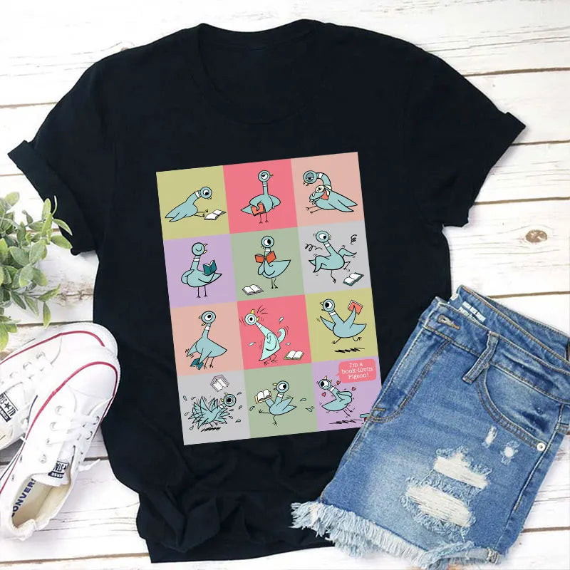 Book-Lovin' Pigeon T-Shirt Cute Reading Cartoon Bird Graphic Tee