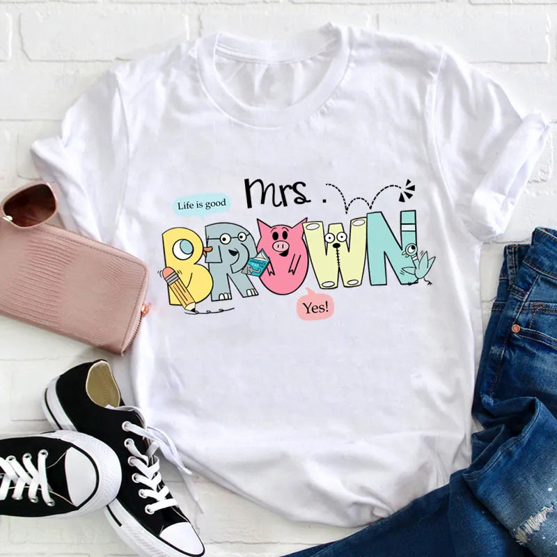 Mrs. Brown Life is Good Cartoon Animal Letters Graphic Tee
