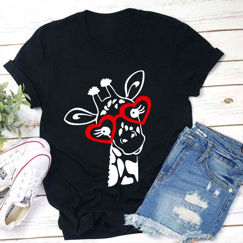 Cute Giraffe Heart-Shaped Sunglasses Graphic Tee for Women