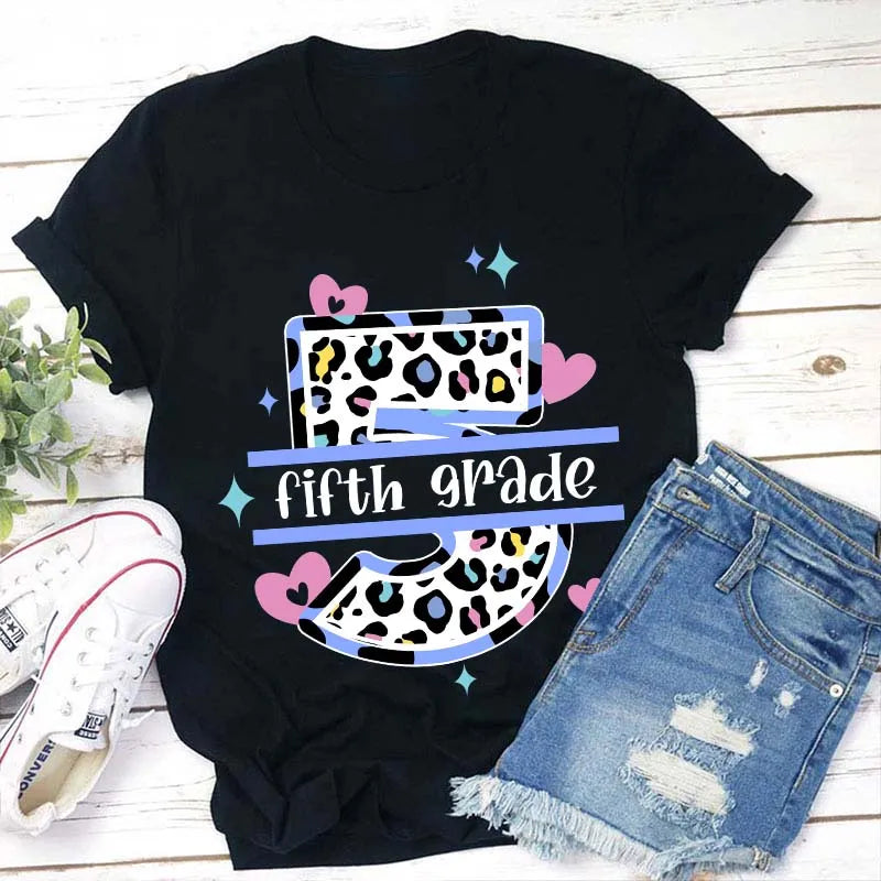 Fifth Grade Leopard Print Number 5 T-Shirt for Girls