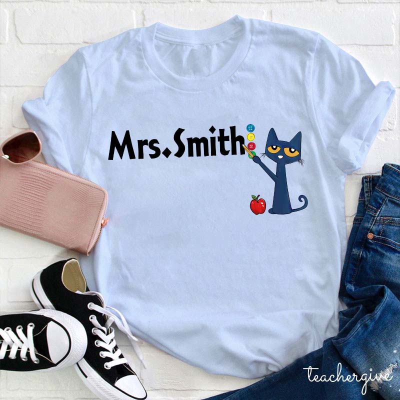 Personalized Mrs. Smith Teacher T-Shirt with Cute Cat and Apple Design