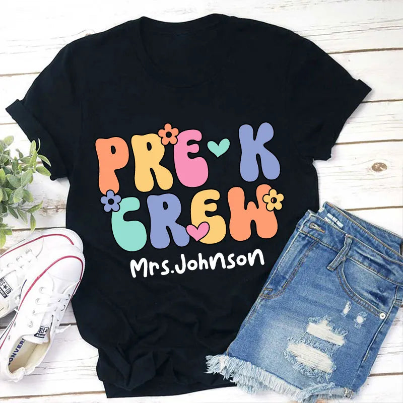 Personalized Pre-K Crew Teacher T-Shirt - Colorful Retro Floral Design