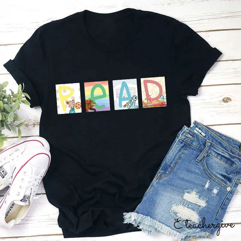 READ Kids Literacy Black Graphic T-Shirt | Fun Educational Book Lover Tee