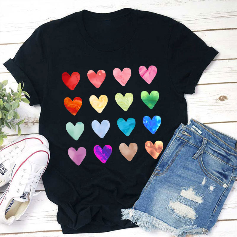 Colorful Hearts Graphic Tee - Rainbow Heart Pattern Shirt on Black
