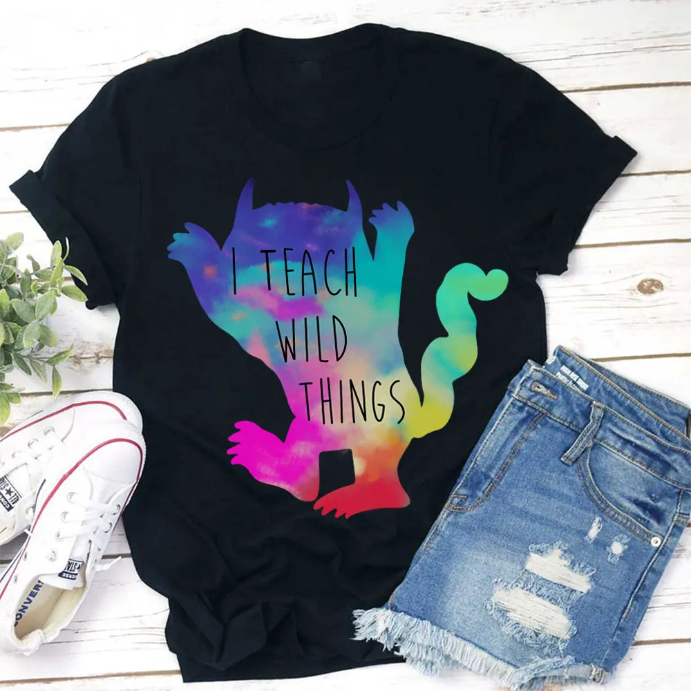 I Teach Wild Things Colorful Monster Graphic Teacher T-Shirt