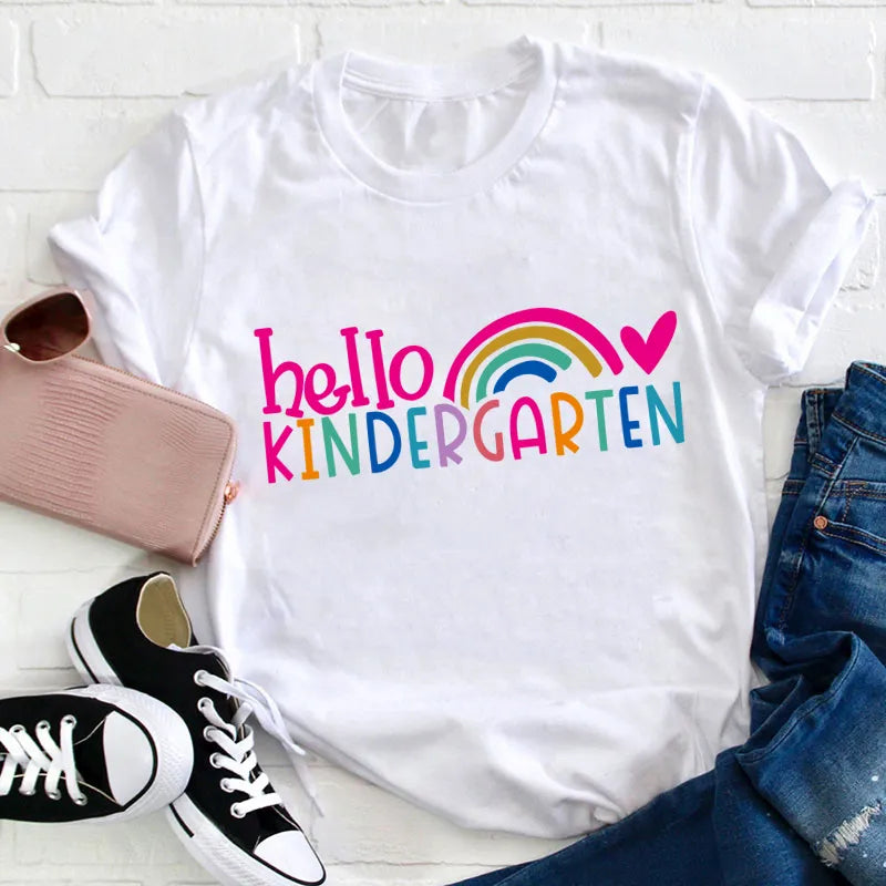 Hello Kindergarten Colorful Rainbow Kids T-Shirt Back to School Shirt