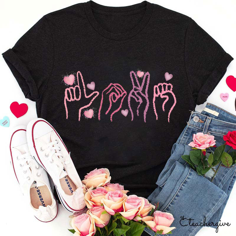 Love Sign Language Tee with Pink Heart Design on Black Shirt