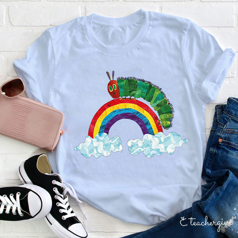 Whimsical Caterpillar on Rainbow Graphic Tee for Kids & Adults
