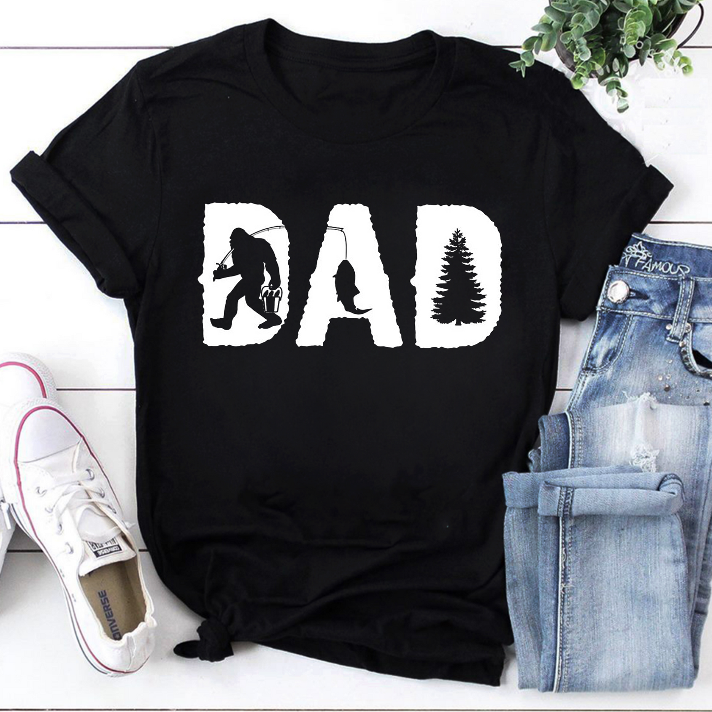 Dad Fishing Shirt with Bigfoot and Pine Tree Graphic Tee