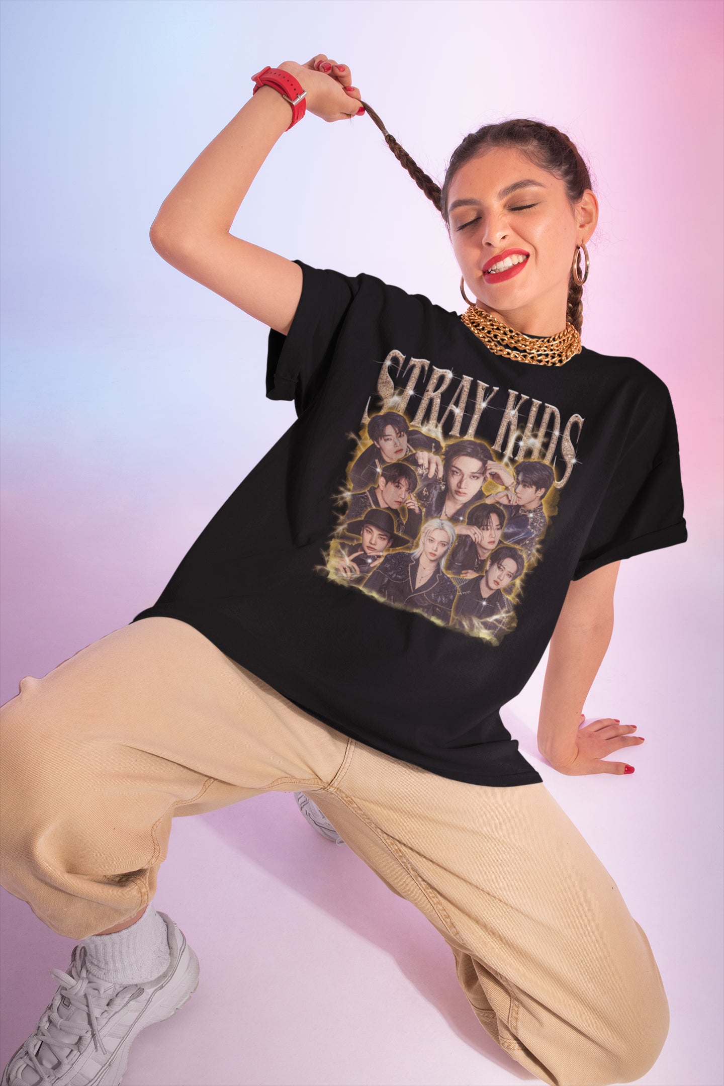 Stray Kids K-Pop Band Graphic Tee Black with Group Portrait