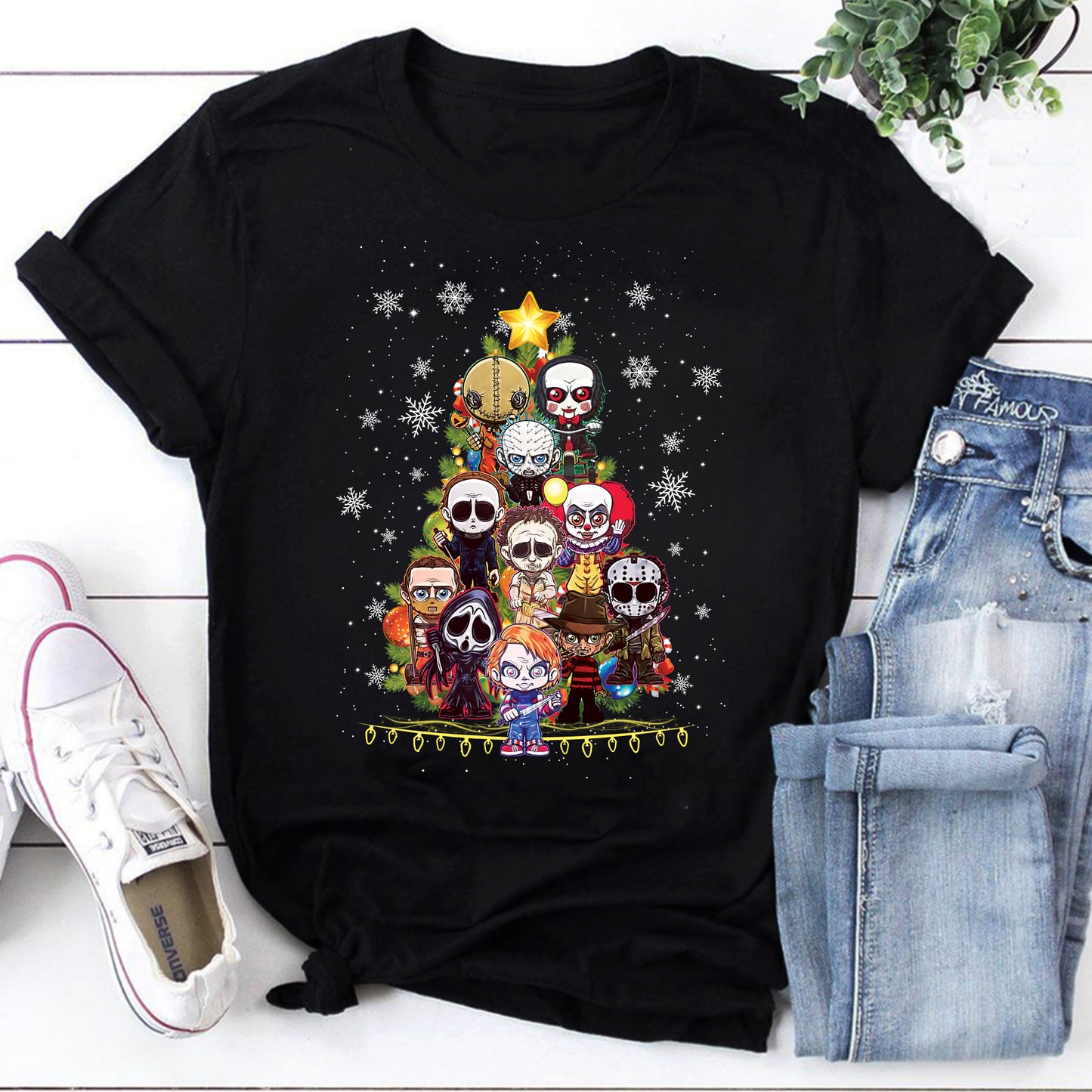 Horror Movie Characters Christmas Tree T-Shirt – Festive Horror Villains Tee