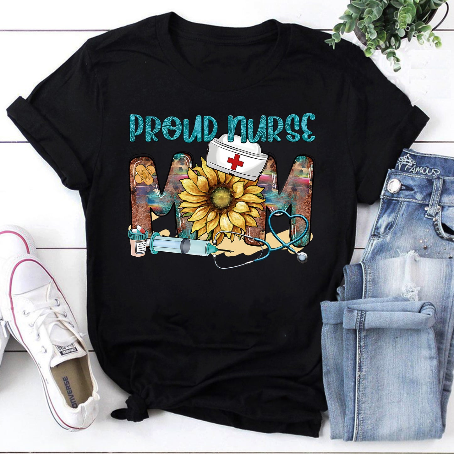 Proud Nurse Mom Sweatshirt with Sunflower and Medical Symbols