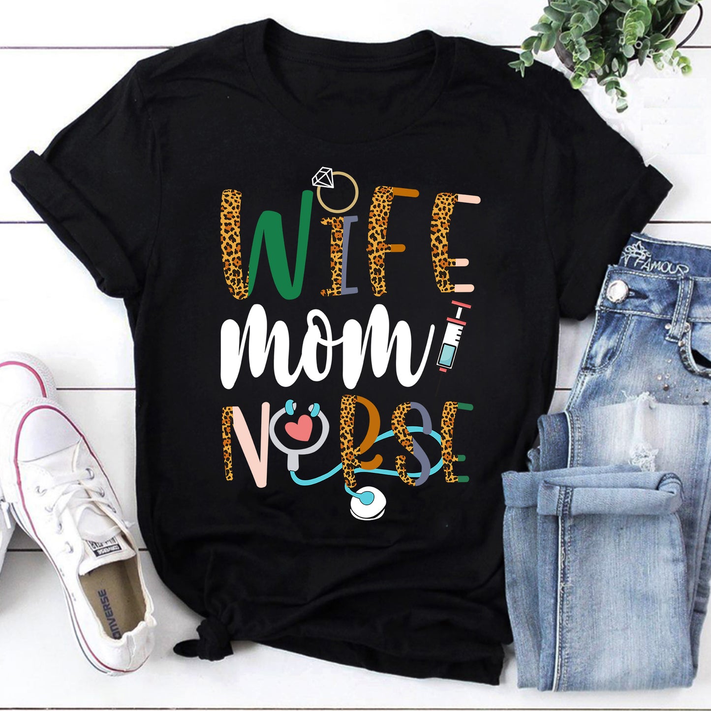 Wife Mom Nurse Leopard Print Stethoscope Graphic Sweatshirt