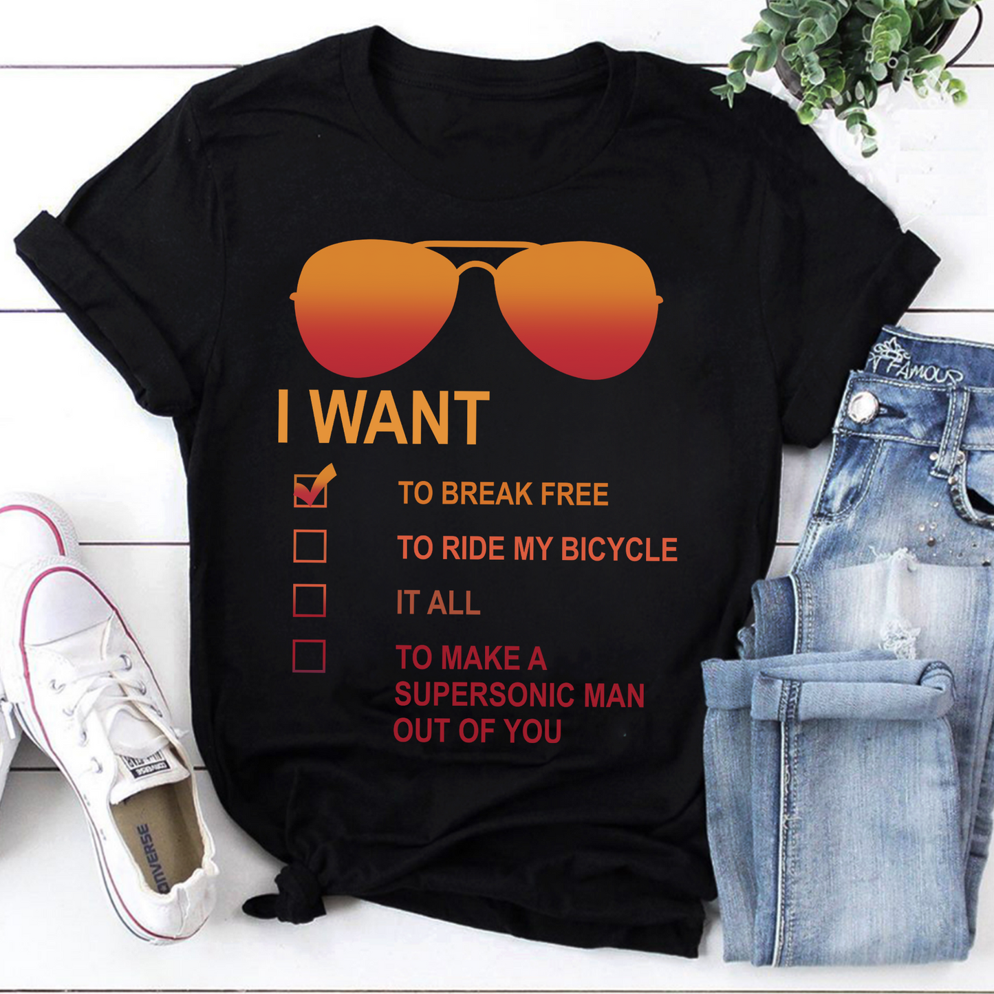 I Want Checklist Graphic Sweatshirt - Retro Sunglasses Design