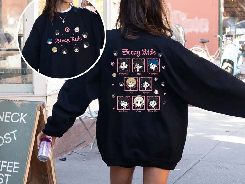 Stray Kids Cartoon Portraits Black Crewneck Sweatshirt