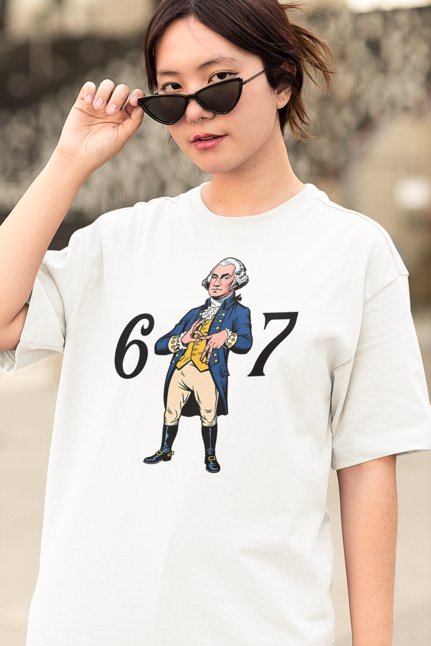 Funny George Washington 6 7 Hand Sign T-Shirt Patriotic USA Tee