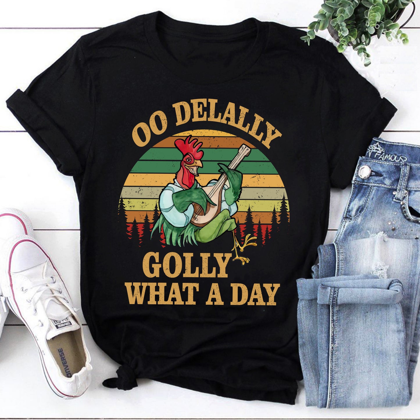 Funny Oo Delally Chicken Playing Banjo T-Shirt - Golly What A Day Vintage Style Tee