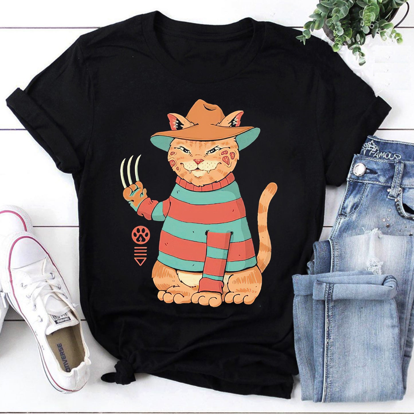 Cat Freddy Krueger T-Shirt - Horror Movie Mashup Cat Graphic Tee