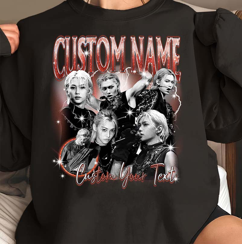 Customizable Black T-Shirt with Multiple Portraits and Name/Text Personalization