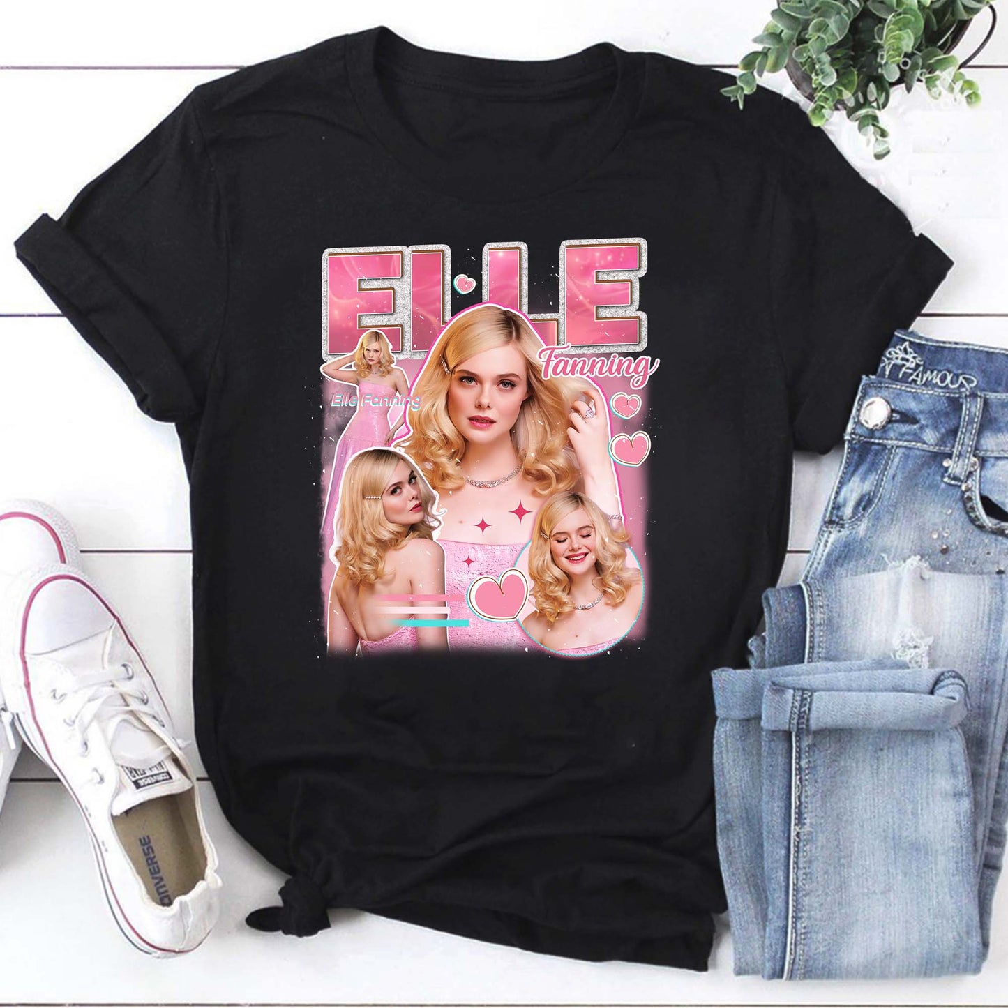 Elle Fanning Collage Graphic White Hoodie - Cute Pink Fan Art Sweatshirt