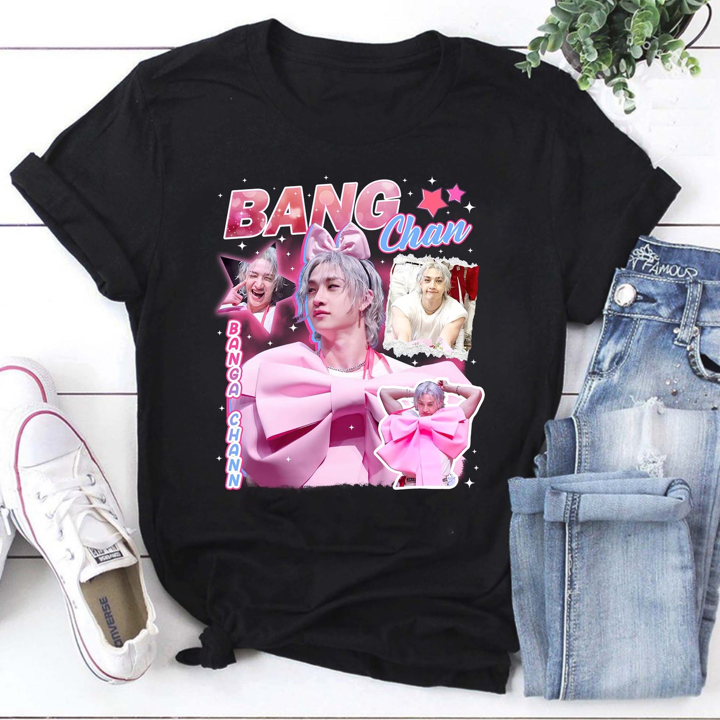 Bang Chan KPop Star Black Hoodie with Pink Bow and Multiple Photo Collage