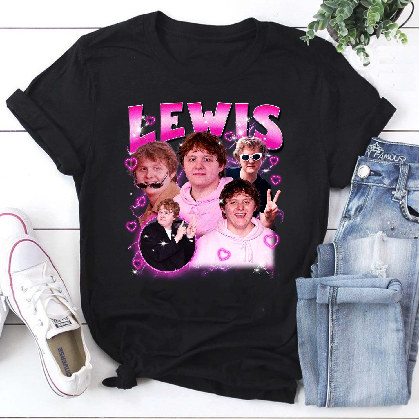 Lewis Funny Collage Graphic Hoodie with Cute Pink Hearts
