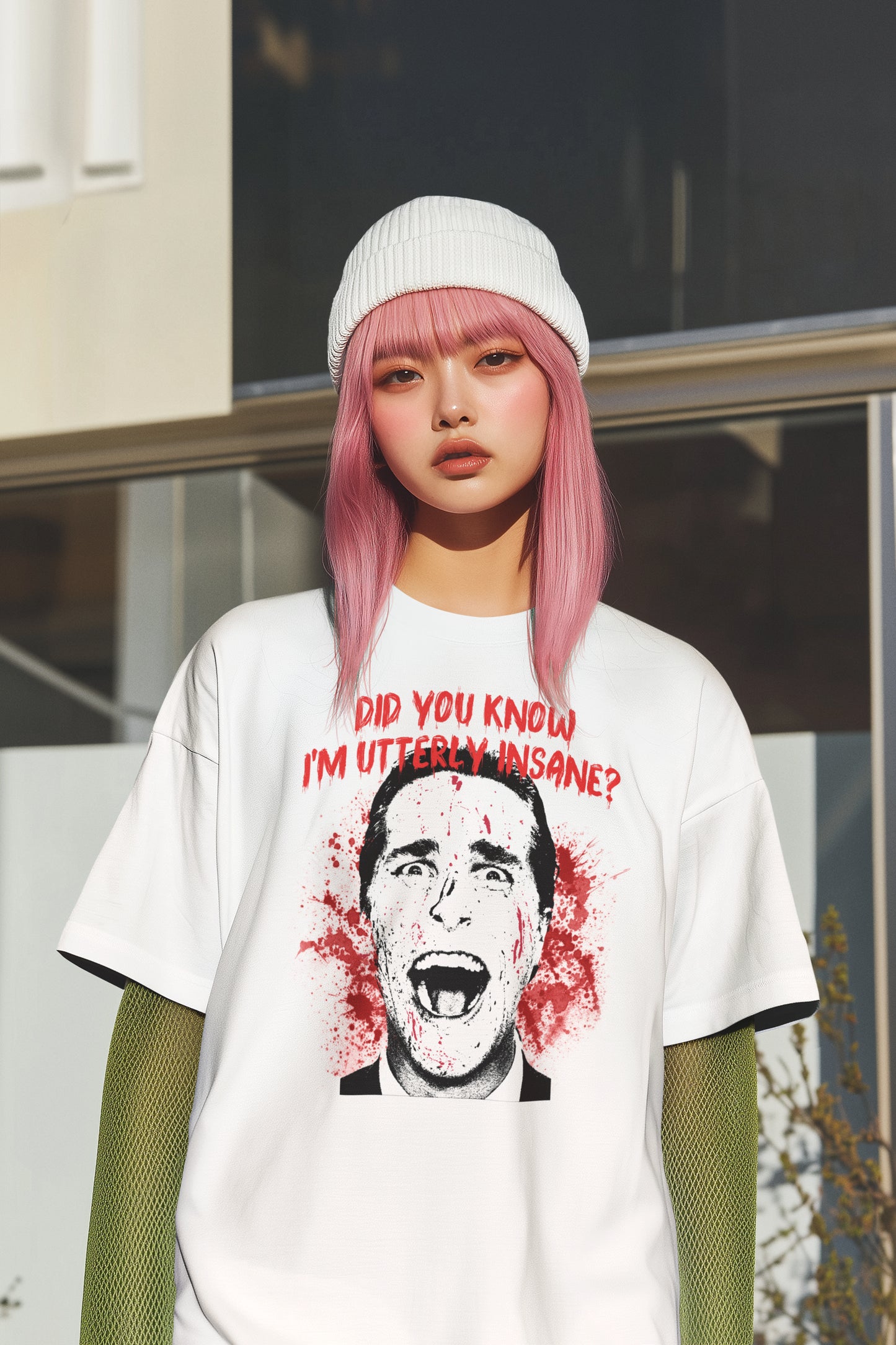 Utterly Insane Blood Splatter Face Graphic Tee for Horror Fans